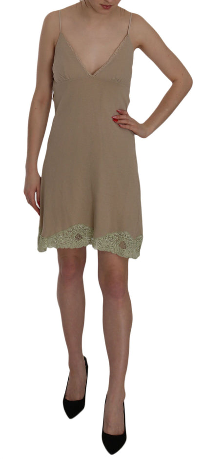 Elegant Beige Lace Spaghetti Strap Mini Dress