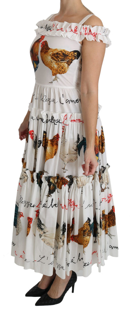 Elegant White Rooster Print Sheath Midi Dress