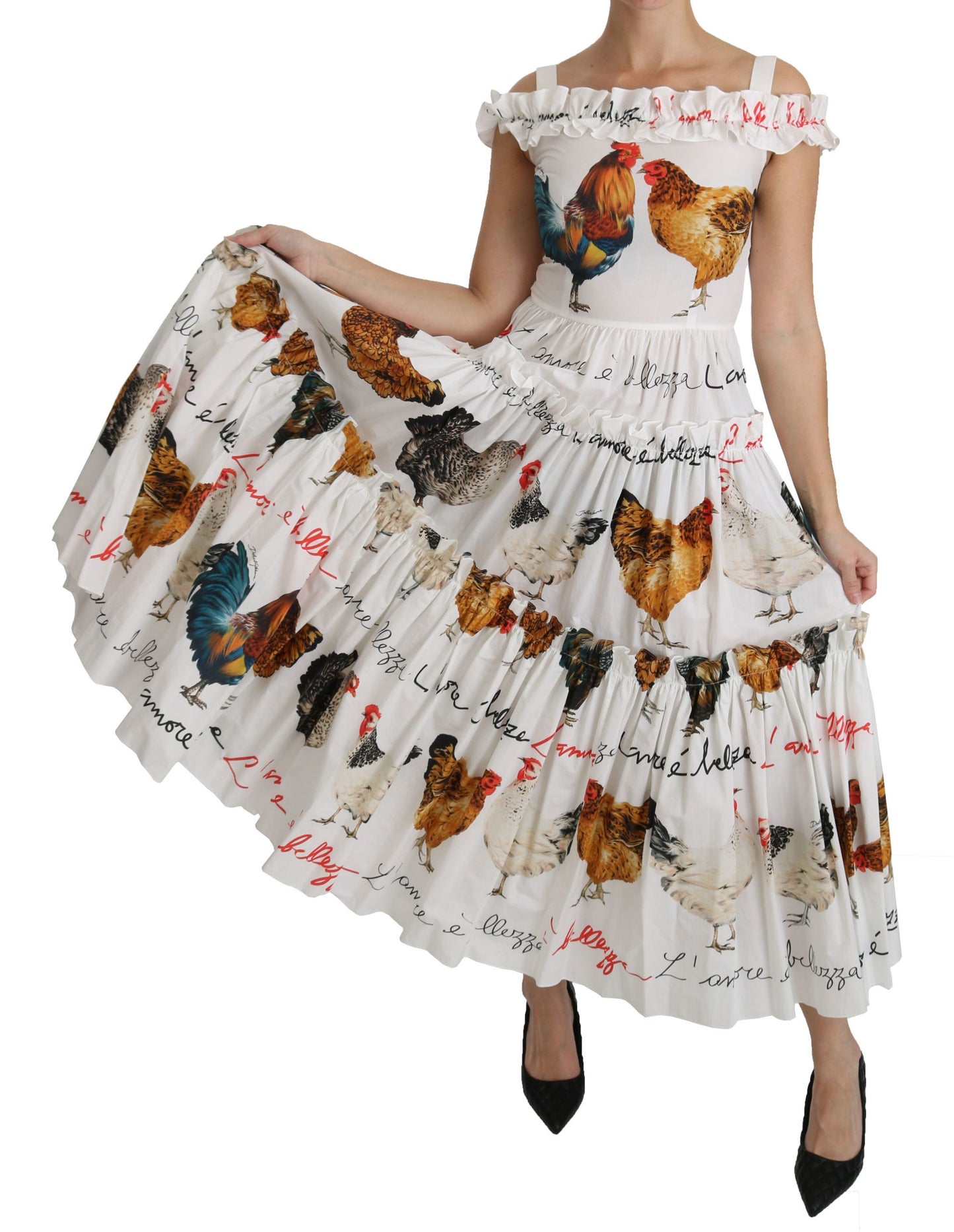 Elegant White Rooster Print Sheath Midi Dress