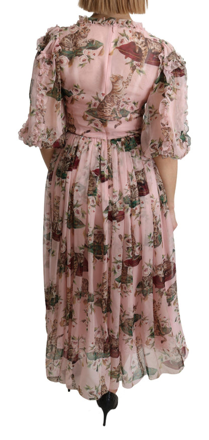 Elegant Pink Bengal Cat Print A-Line Maxi Dress