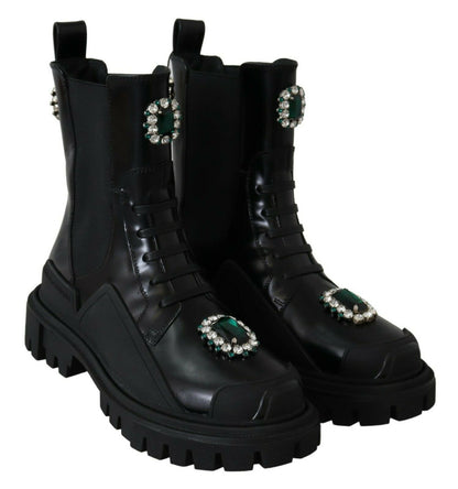 Elegant Black Leather Combat Boots with Crystal Detail