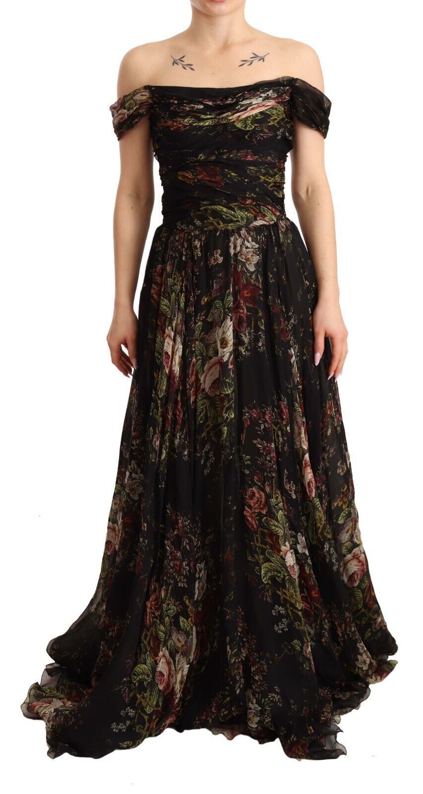 Langes, schulterfreies Seidenkleid mit Blumenmuster