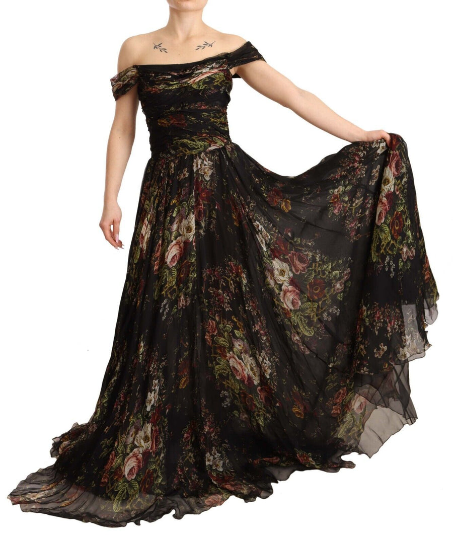 Langes, schulterfreies Seidenkleid mit Blumenmuster