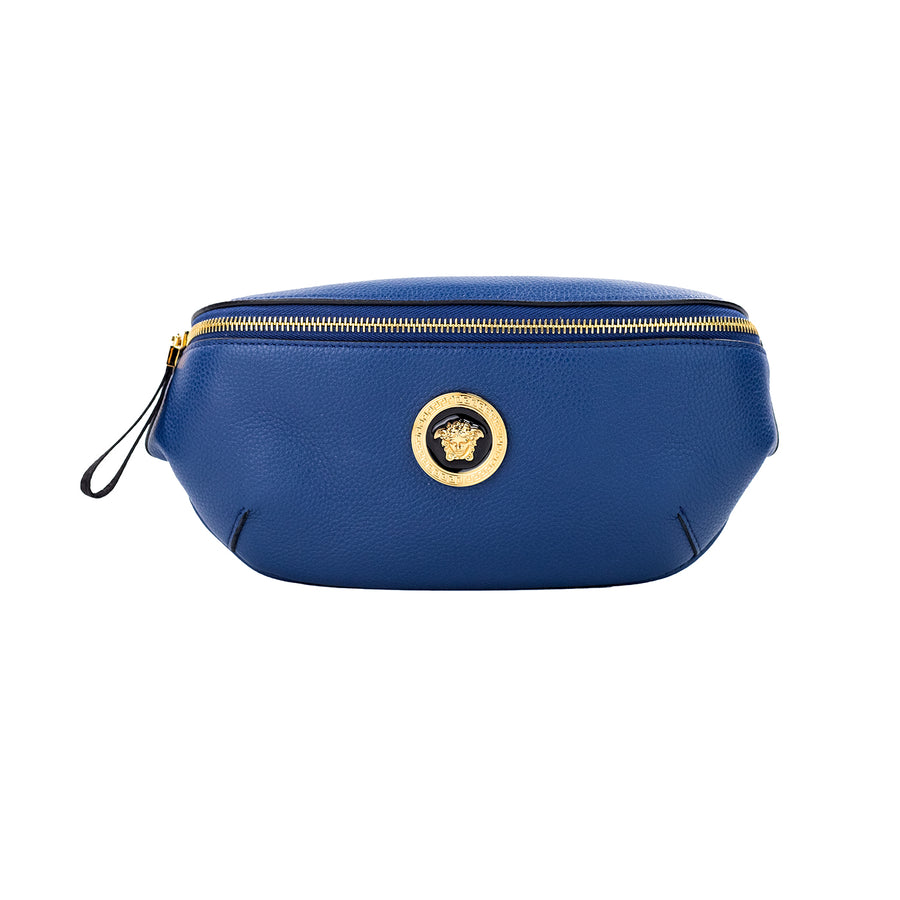 Small Navy Calf Leather Medusa Pendant Fanny Waist Pack Belt Bag