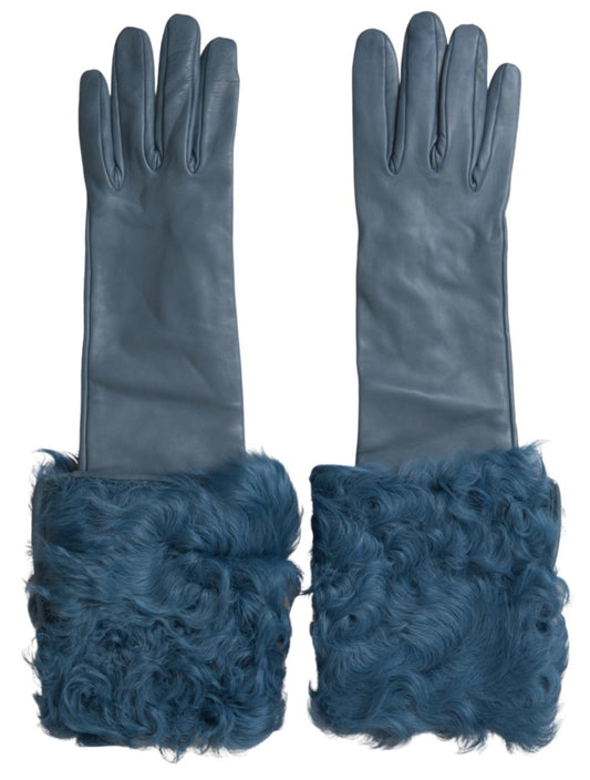 Elegante blaue Lederhandschuhe mit Pelzbesatz