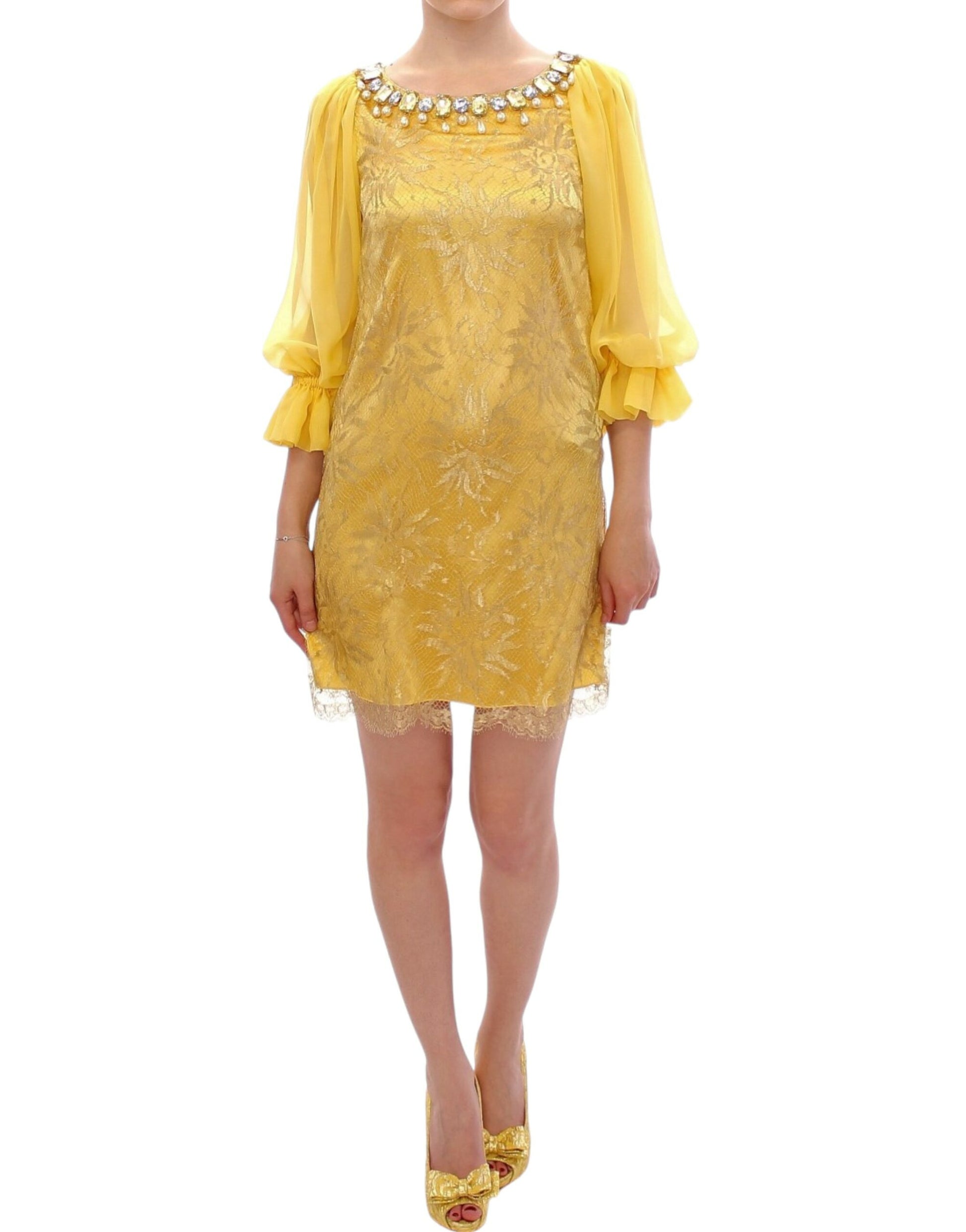 Yellow Lace Crystal Embellished Mini Dress