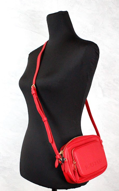 Small Branded Bright Red Grainy Leather Camera Crossbody Bag