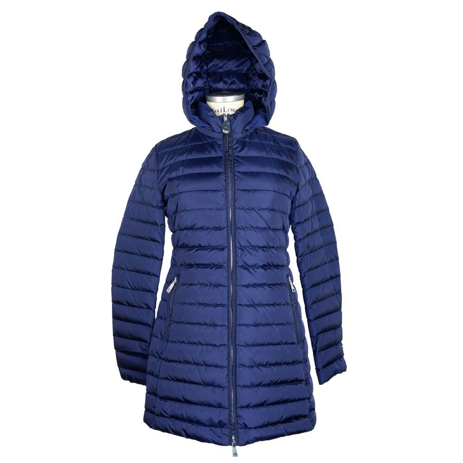 Elegante blaue Daunenpufferjacke mit Kapuze