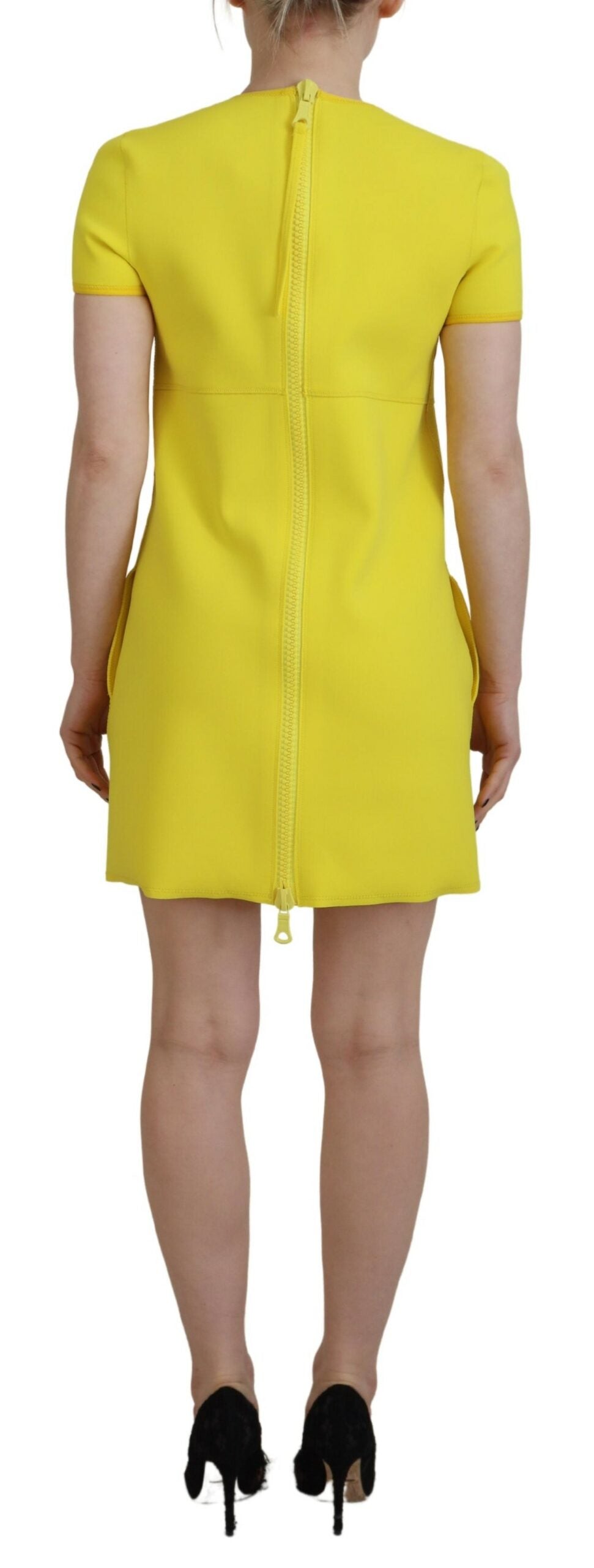 Yellow Nylon Short Sleeves Round Neck Mini Dress