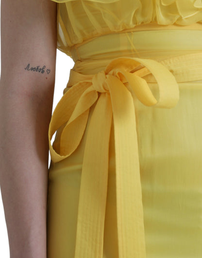 Yellow Silk Sheath Belted Long Maxi Dress