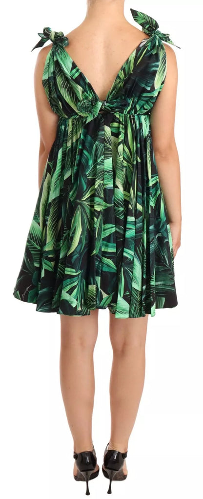 Green Leaves Print Cotton Flared Mini Dress