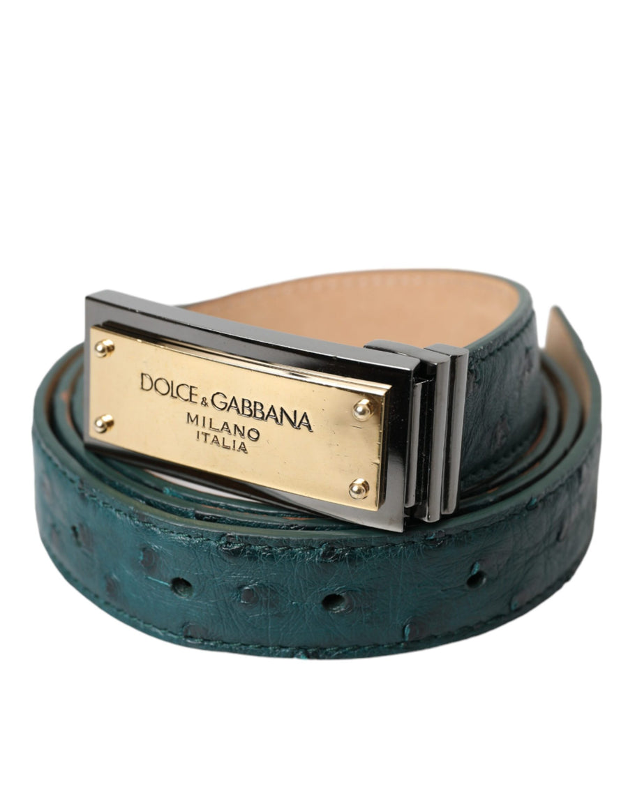 Green Leather Gold Logo Engraved Buckle Belt