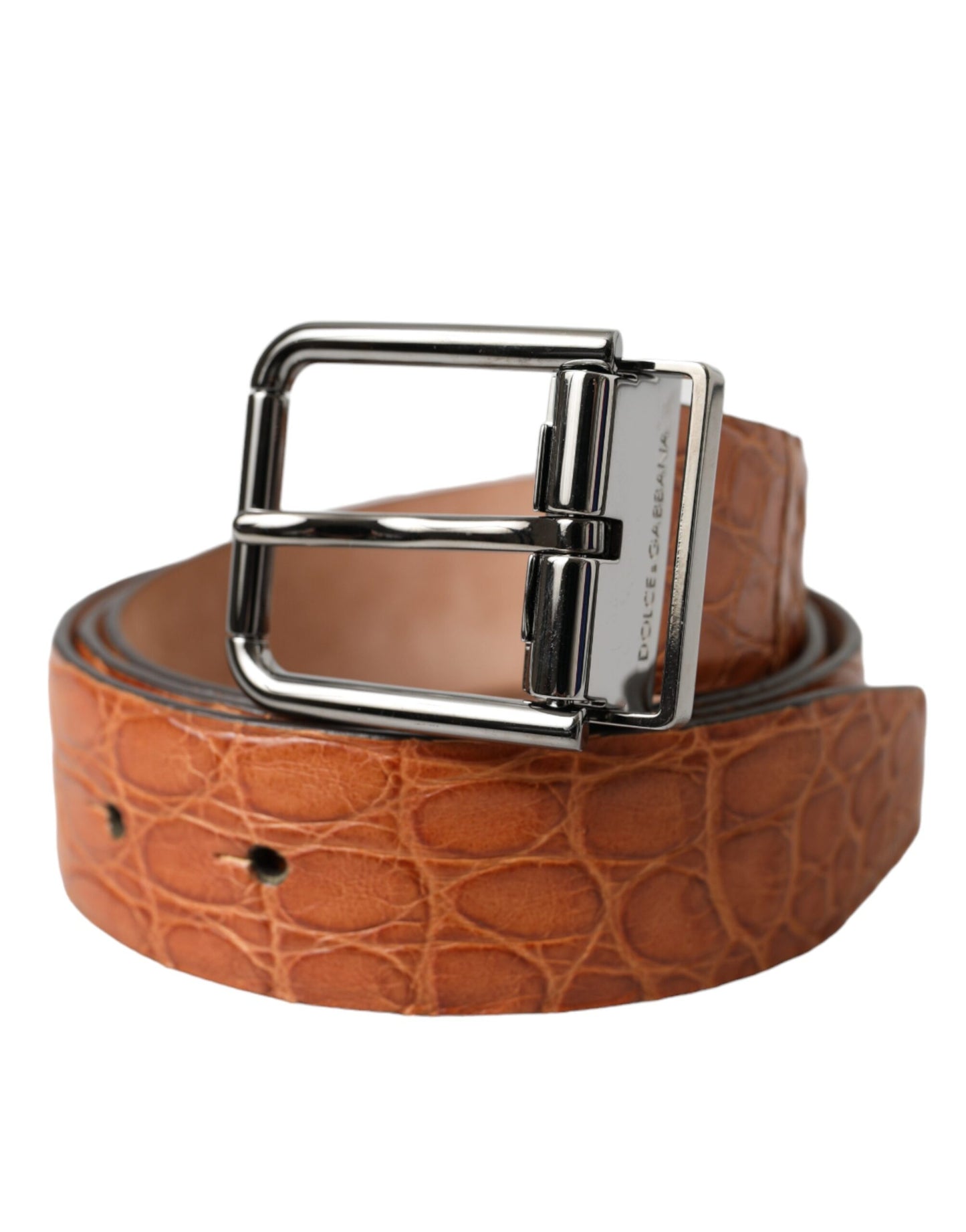 Brown Exotic Leather Silver Metal Buckle Belt