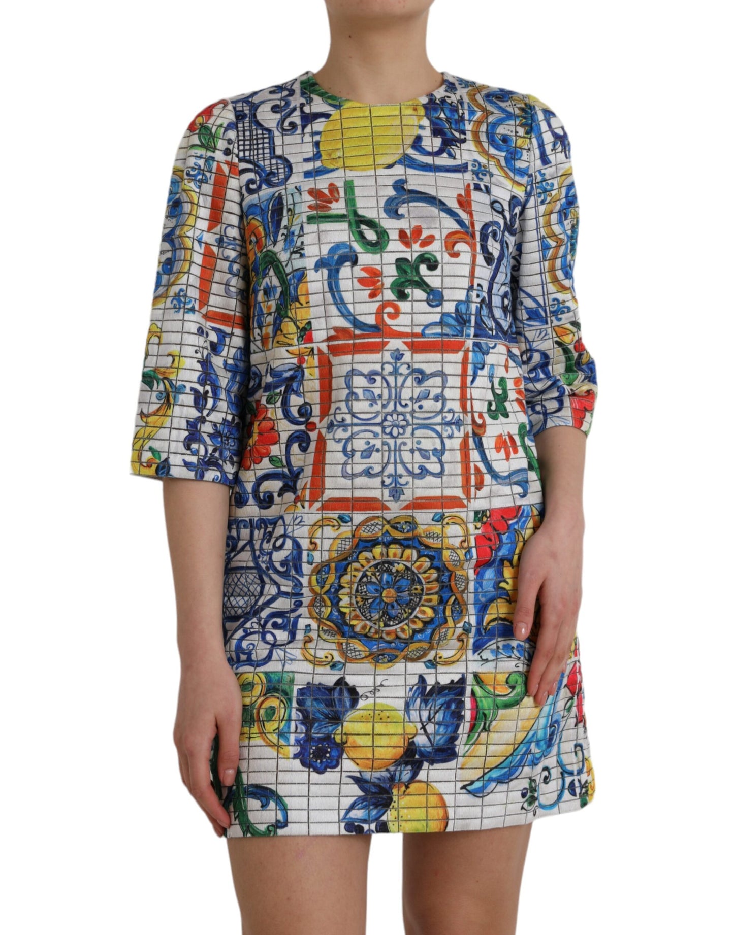 Multicolor Majolica 3/4 Sleeves Shift Dress