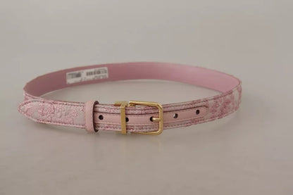 Pink Jaquard Embroidered Gold Tone Metal Buckle Belt