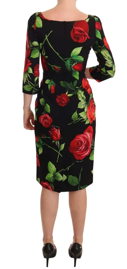 Black Red Roses Sheath Silk Stretch Dress