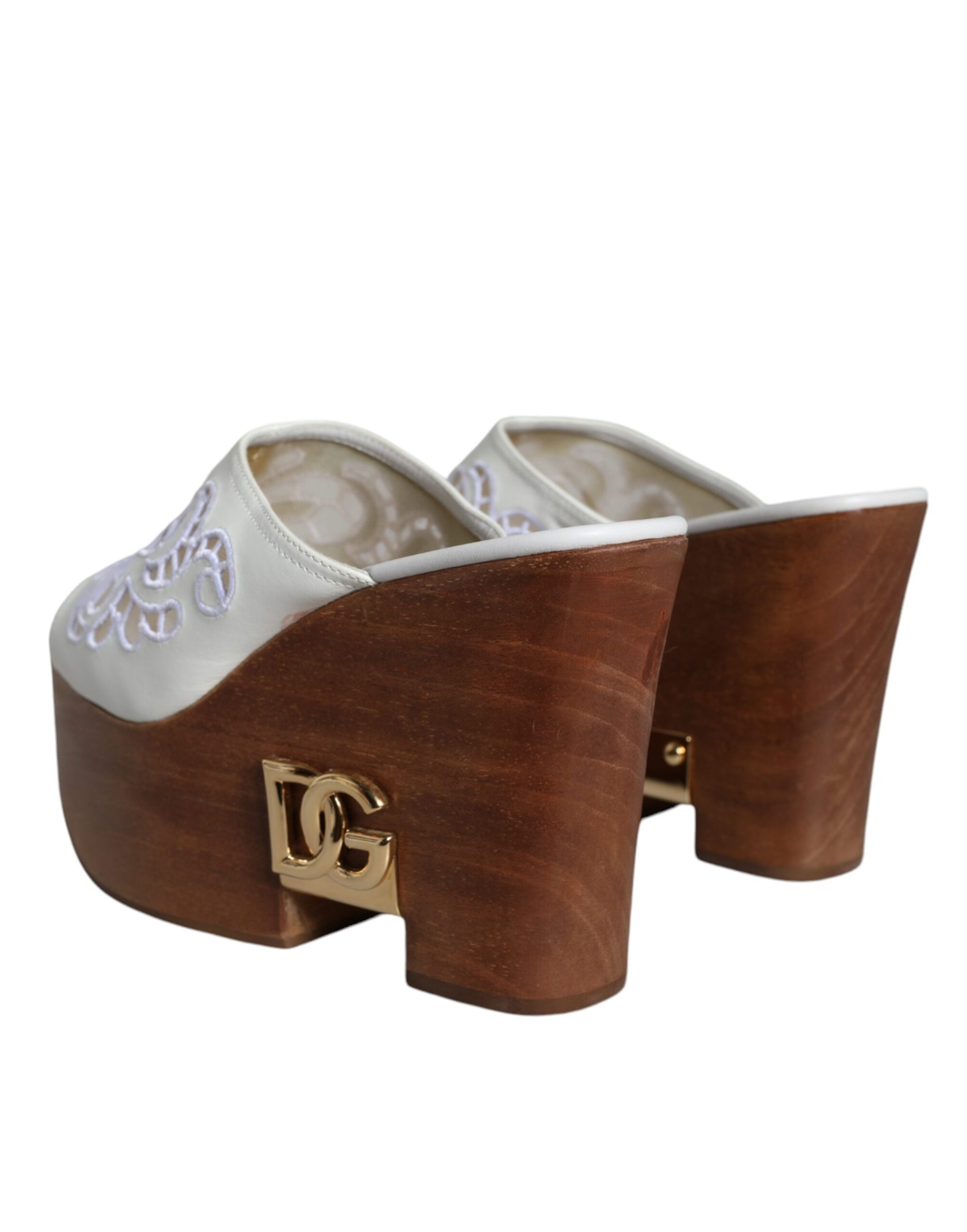 White Leather Wood Mules Wedge Slides Shoes