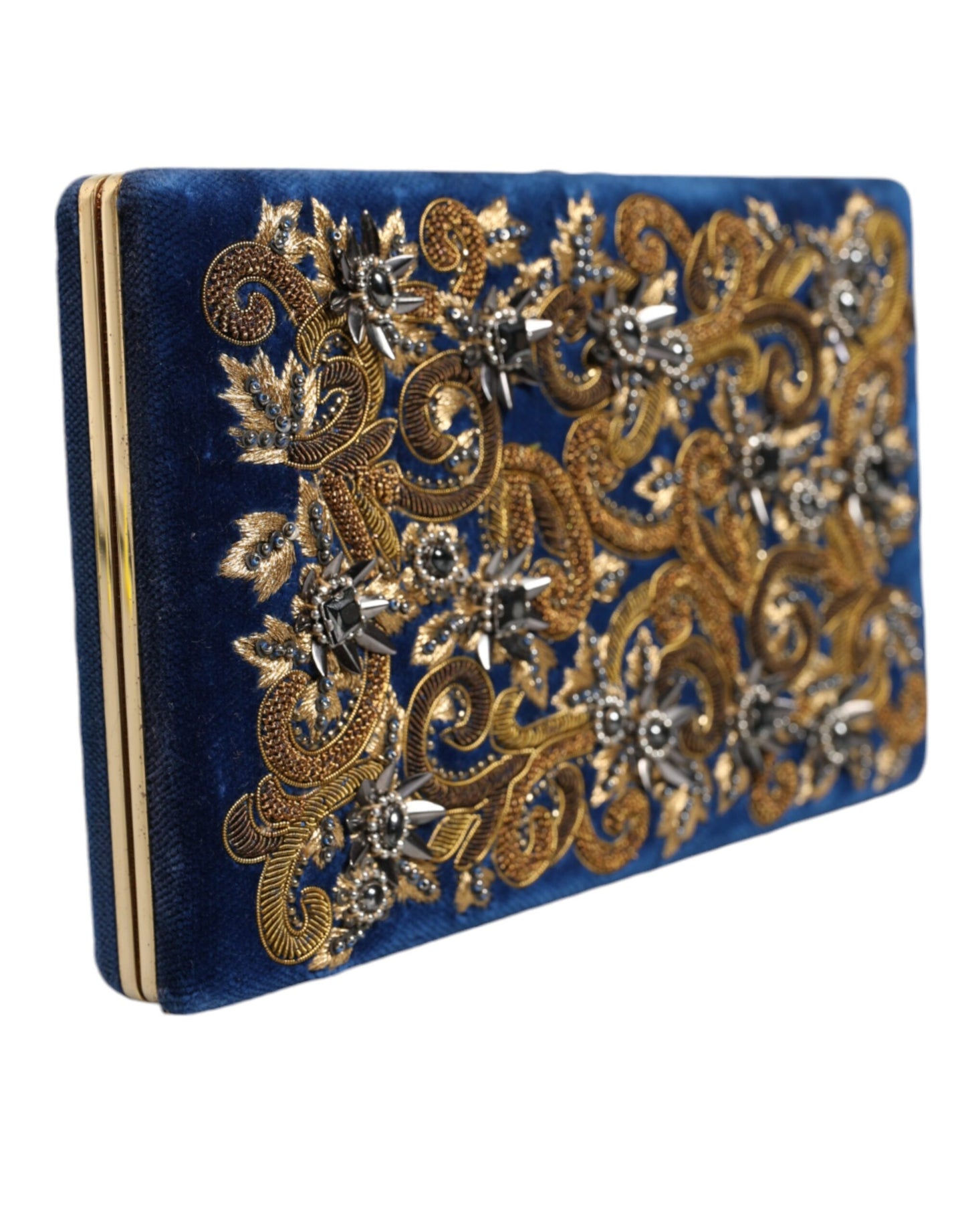 Blaue Clutch aus Samt mit Goldrahmen, für Abendpartys