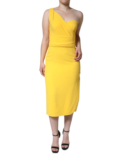 Yellow One Shoulder Side Slit Midi Dress