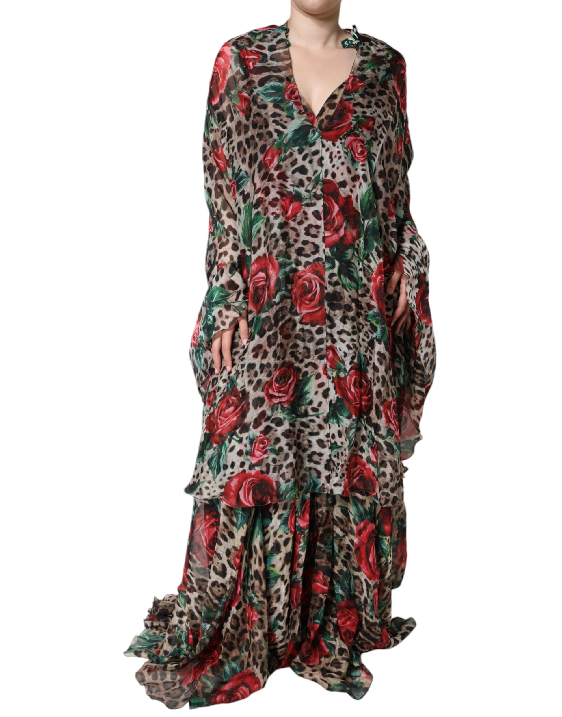 Brown Leopard Red Roses Silk Long Gown Dress