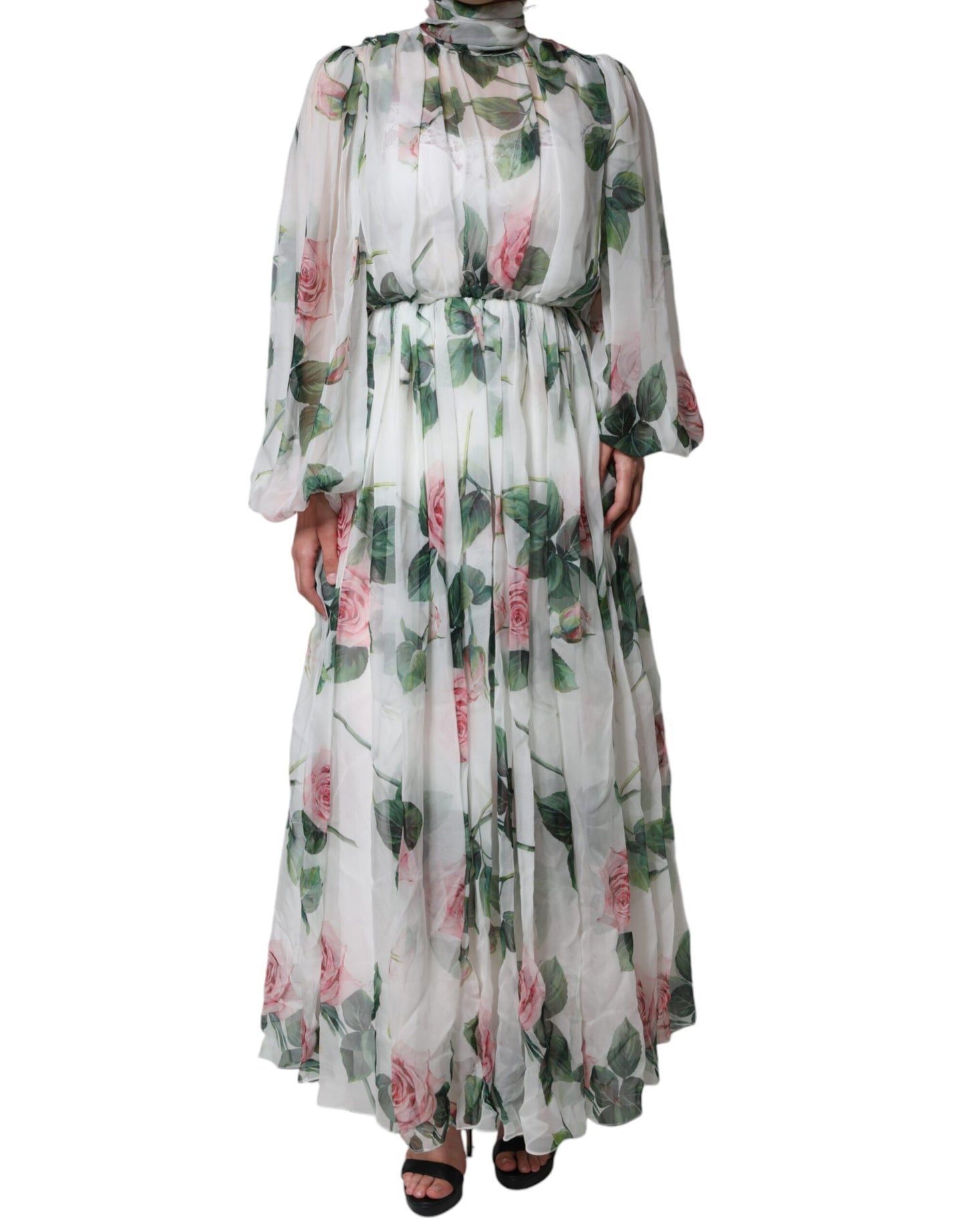 White Silk Floral Print Long Maxi Dress