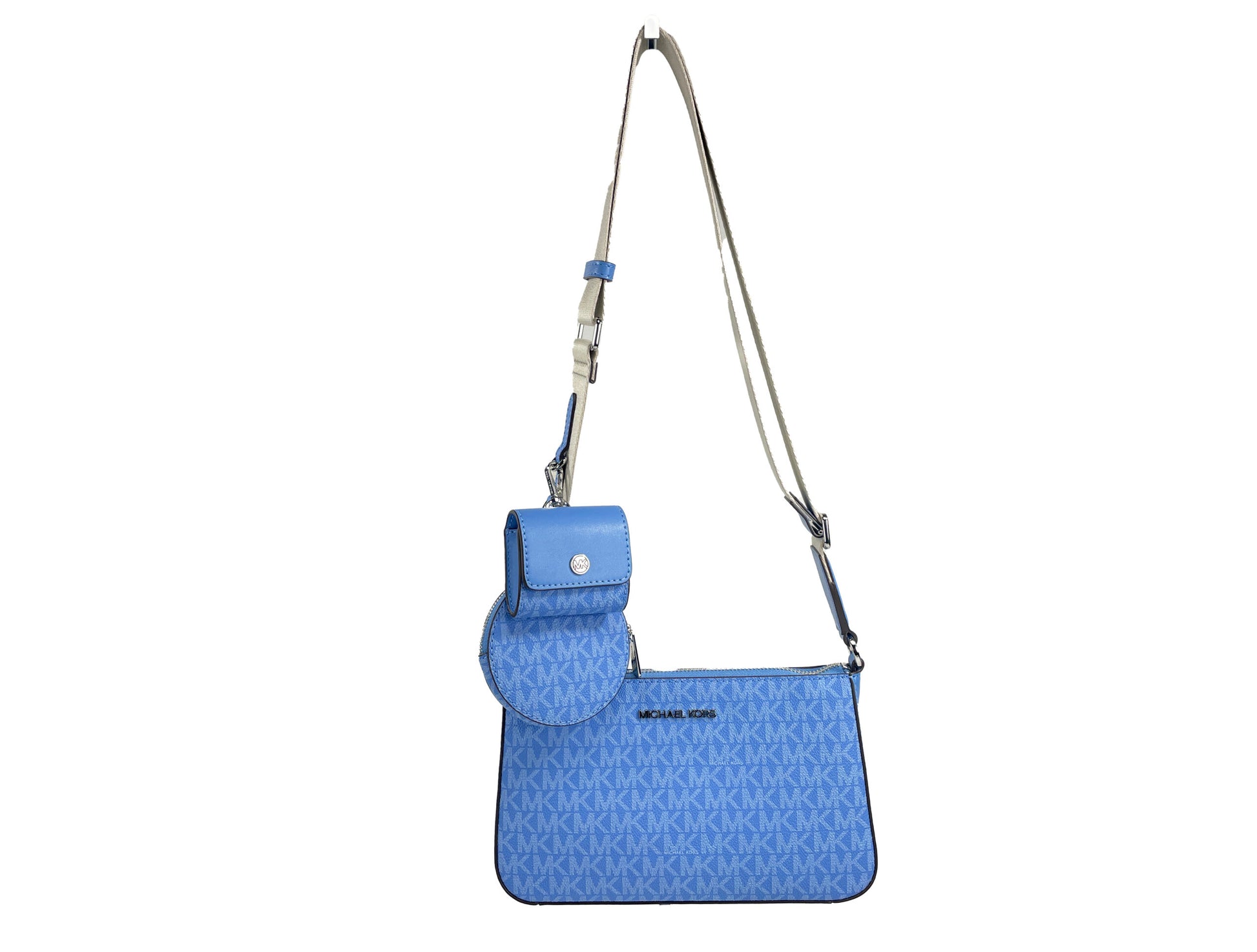 Michael Kors Jet Set Signature PVC Crossbody Tech Attachment Bag Purse Blue