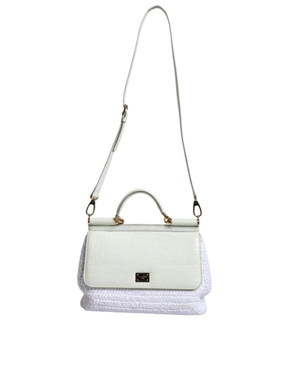 White Rafia Leather Top Handle Crossbody Bag