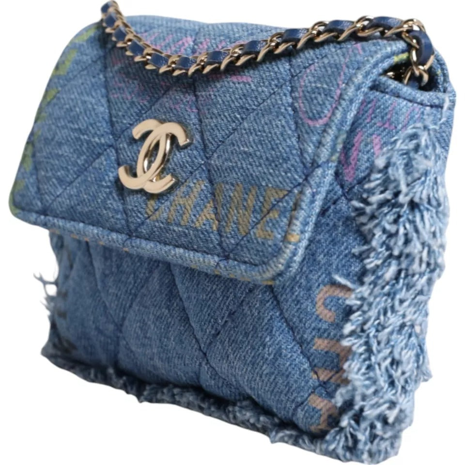 Denim Mood Flap Micro Logo Printed Fringed Shoulder Bag