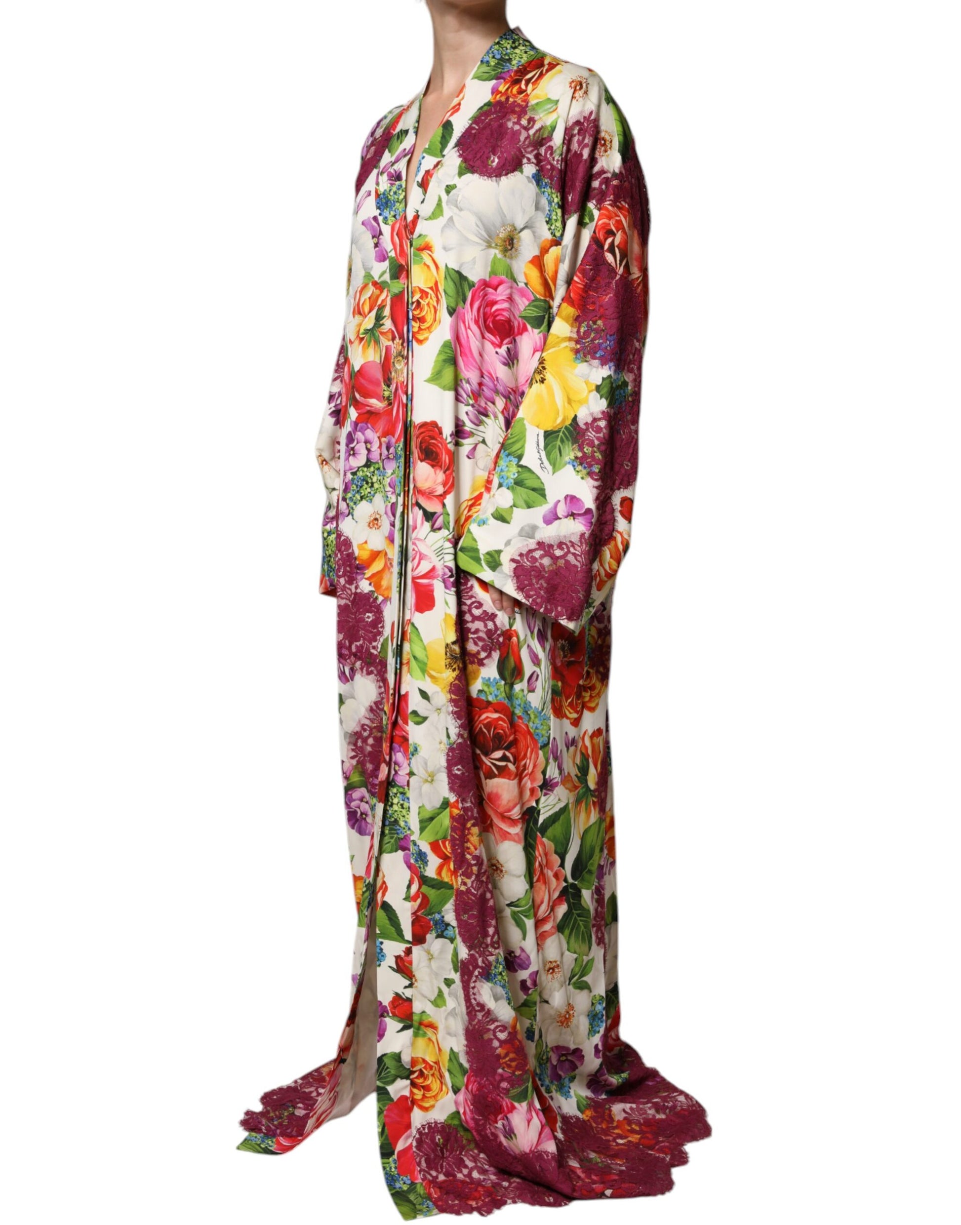 Multicolor Floral Lace Silk Abaya Long Sleeves Dress