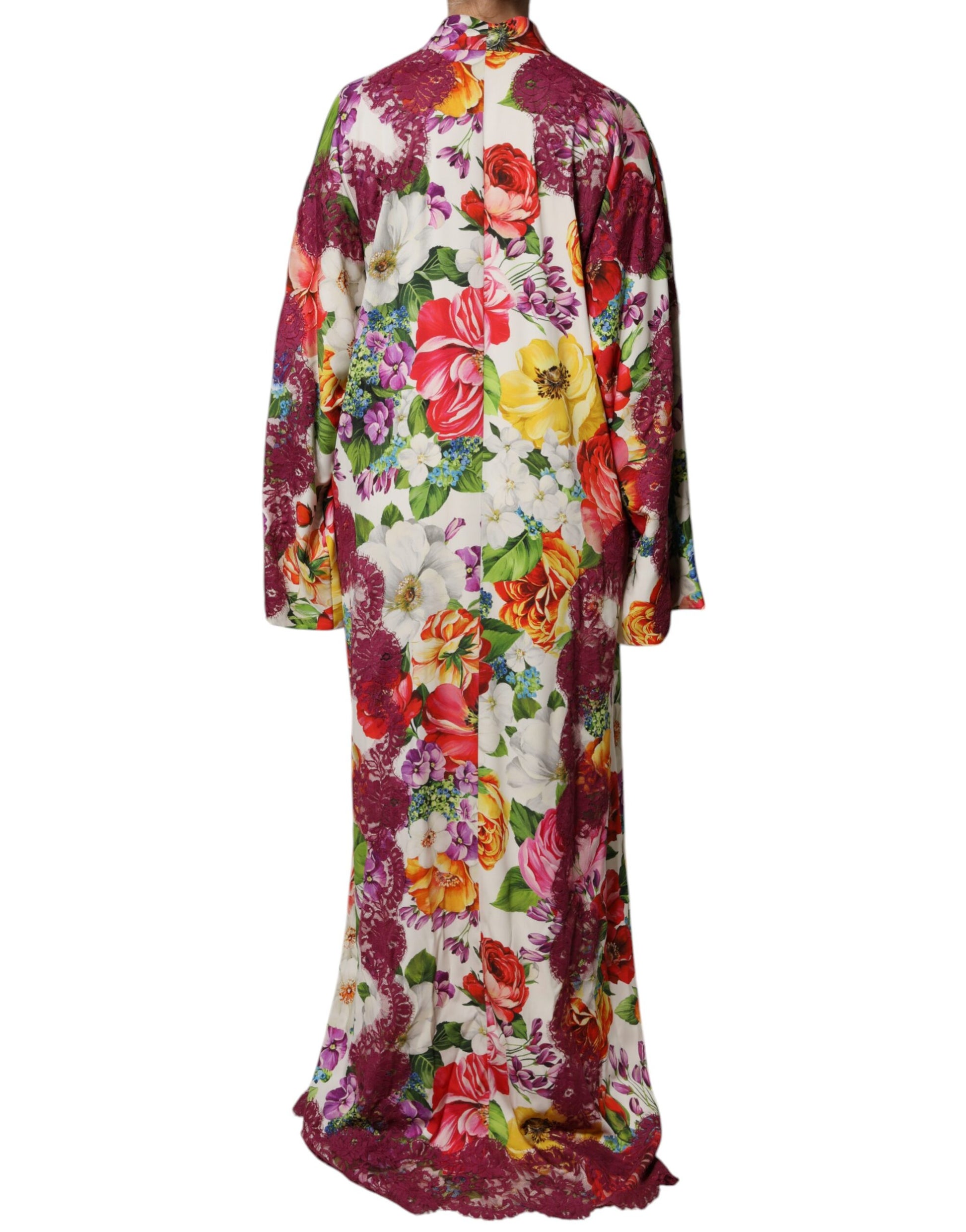 Multicolor Floral Lace Silk Abaya Long Sleeves Dress