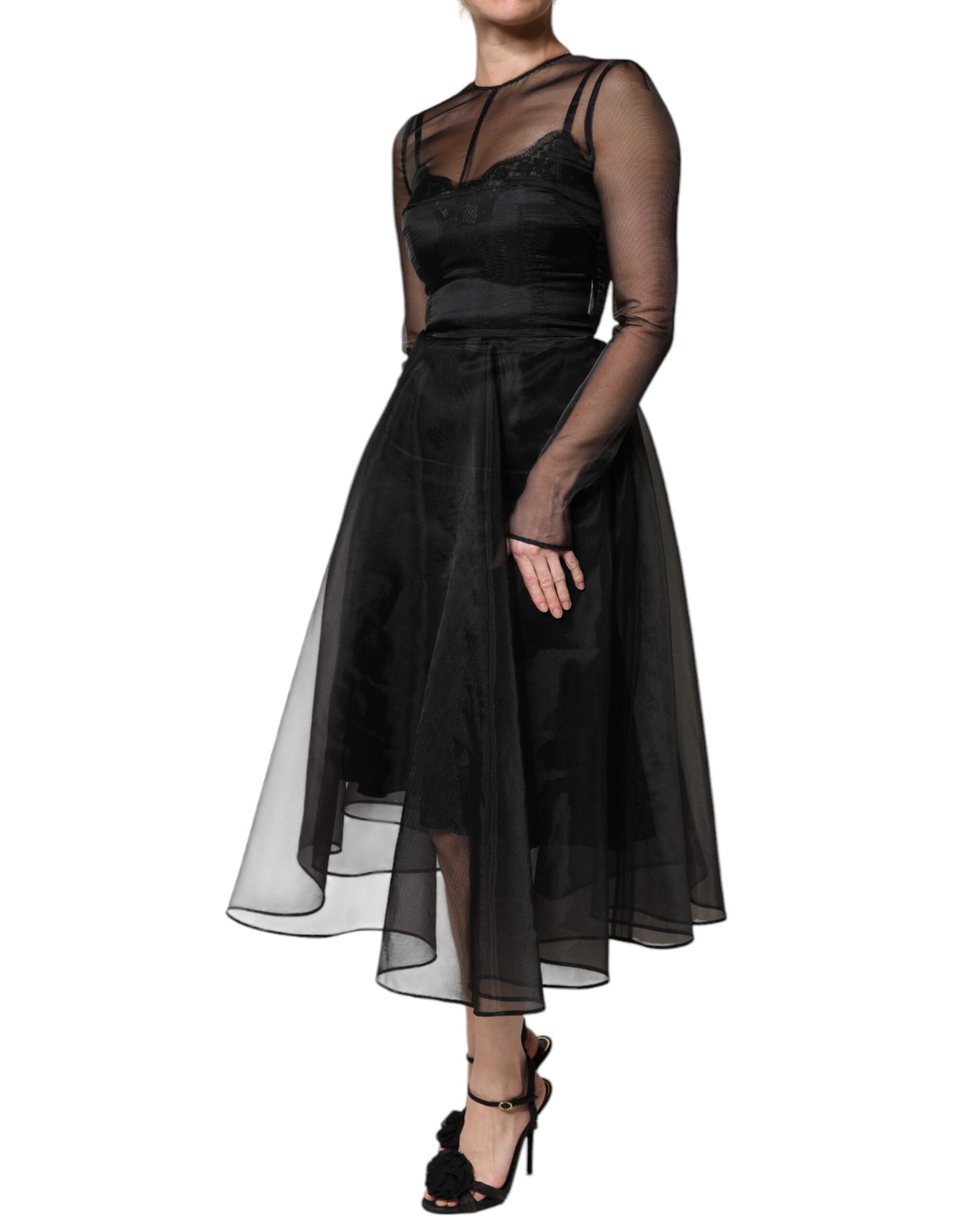 Black Tulle A-line Midi Cocktail Gown Dress