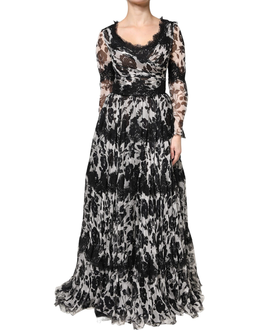 Black Silk Floral Lace Ricamo Ball Maxi Dress