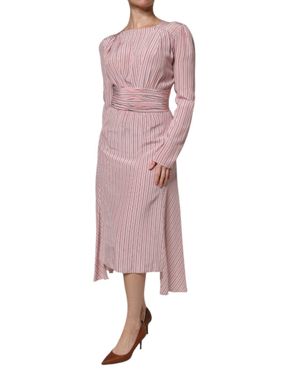 Pink Stripes Silk Long Sleeves Midi Dress