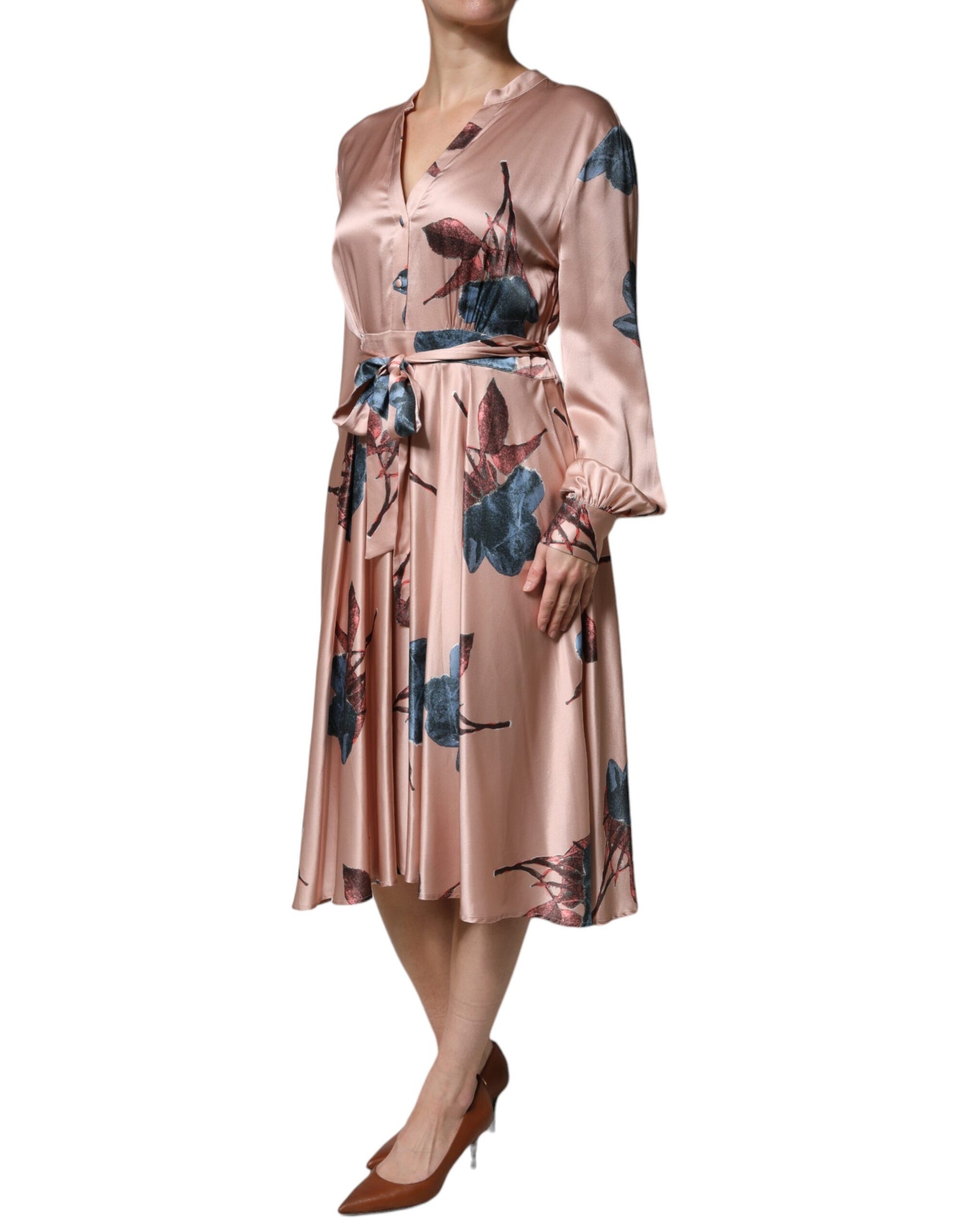 Pink Satin Floral Long Sleeves A-line Midi Dress