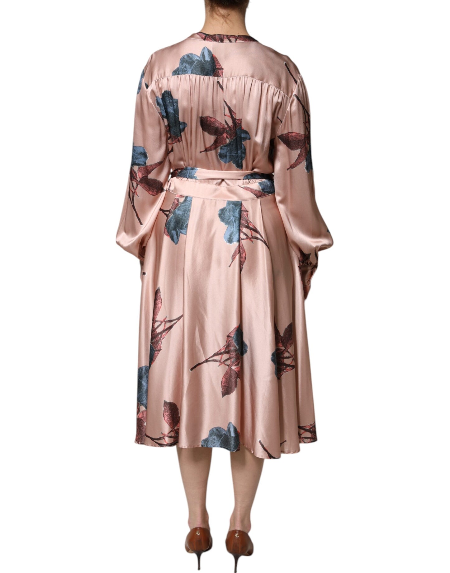 Pink Satin Floral Long Sleeves A-line Midi Dress