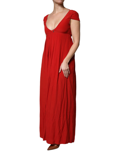 Red Acetate Short Sleeves Plunging Neckline Maxi Dress