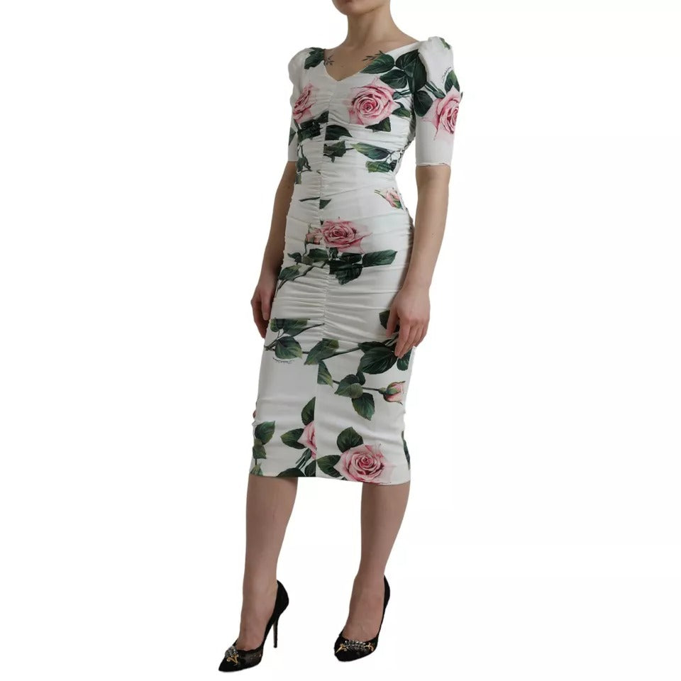 White Roses Print Stretch Silk Pleated Dress