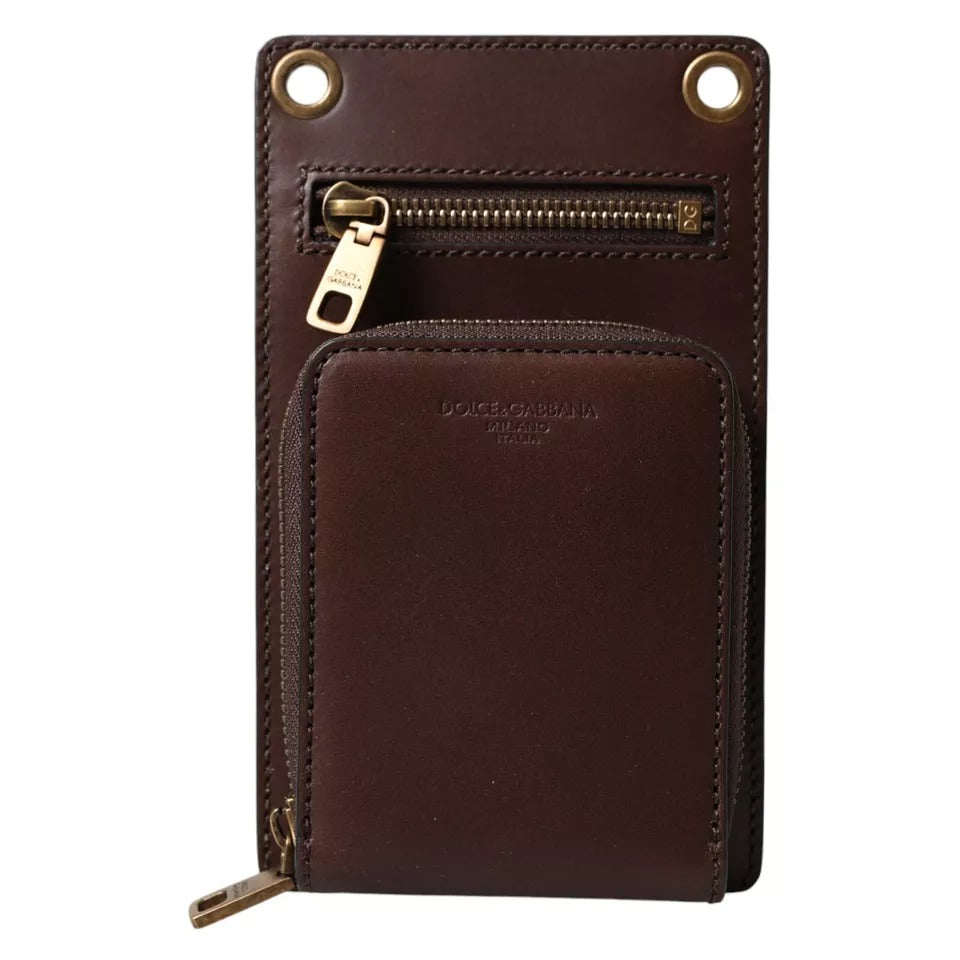 Brown Calf Leather Zip Logo Shoulder Neck Strap Wallet