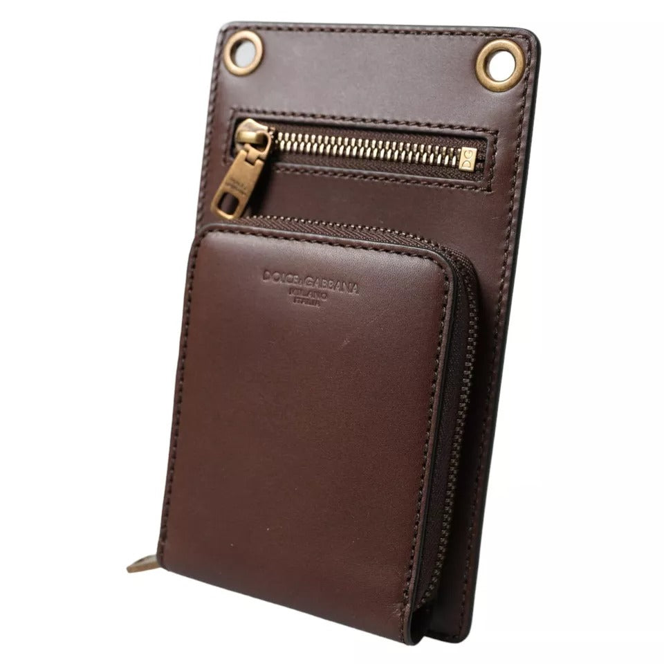 Brown Calf Leather Zip Logo Shoulder Neck Strap Wallet