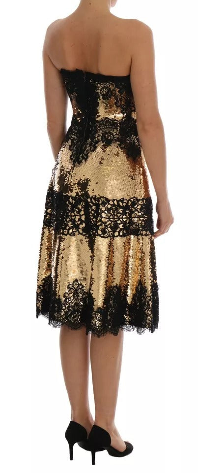 Gold Strapless Sequin Embellished Lace Dress