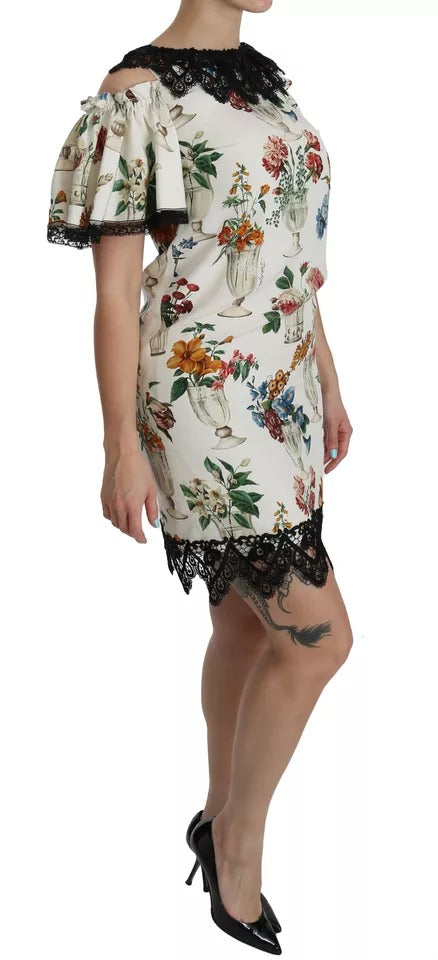 White Lace Floral Vase Shift Mini Dress